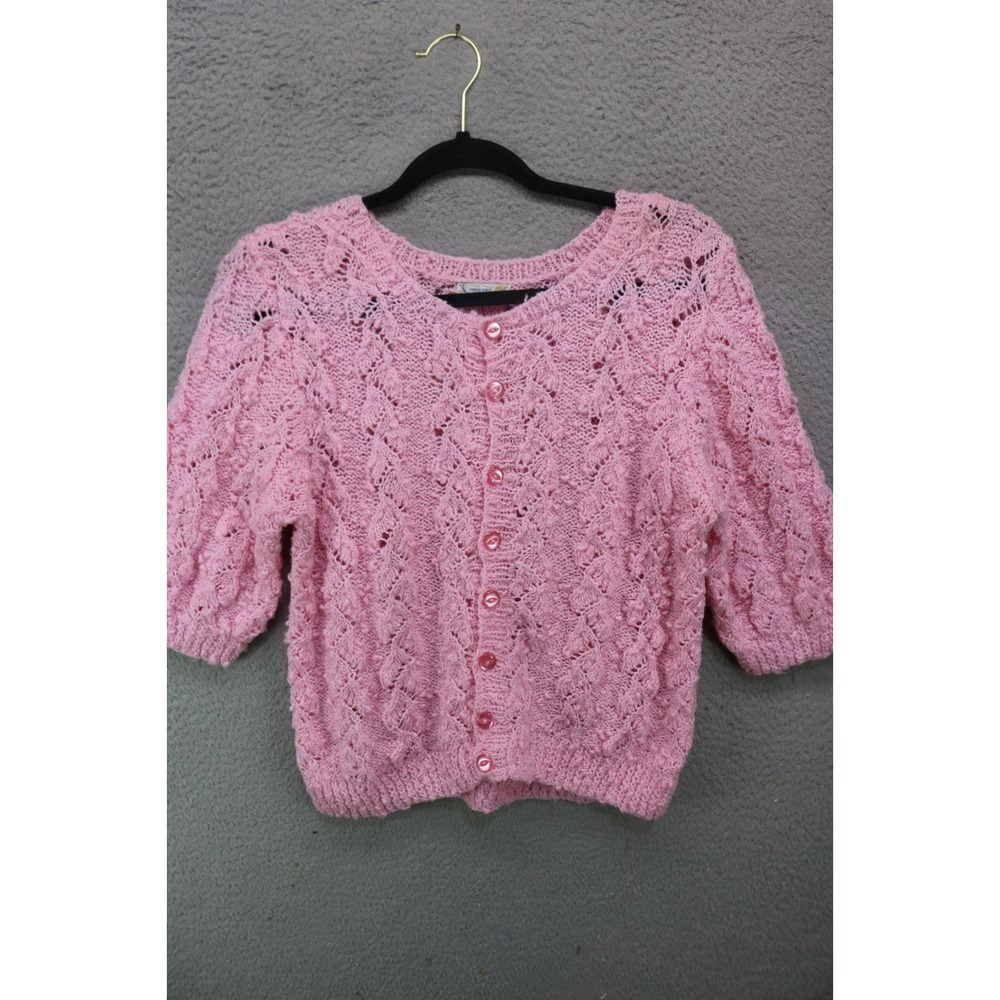 Handmade by Ann Matthews Soft Pink Hand Knitted 3/4 Sleeves Sweater-Button-Up